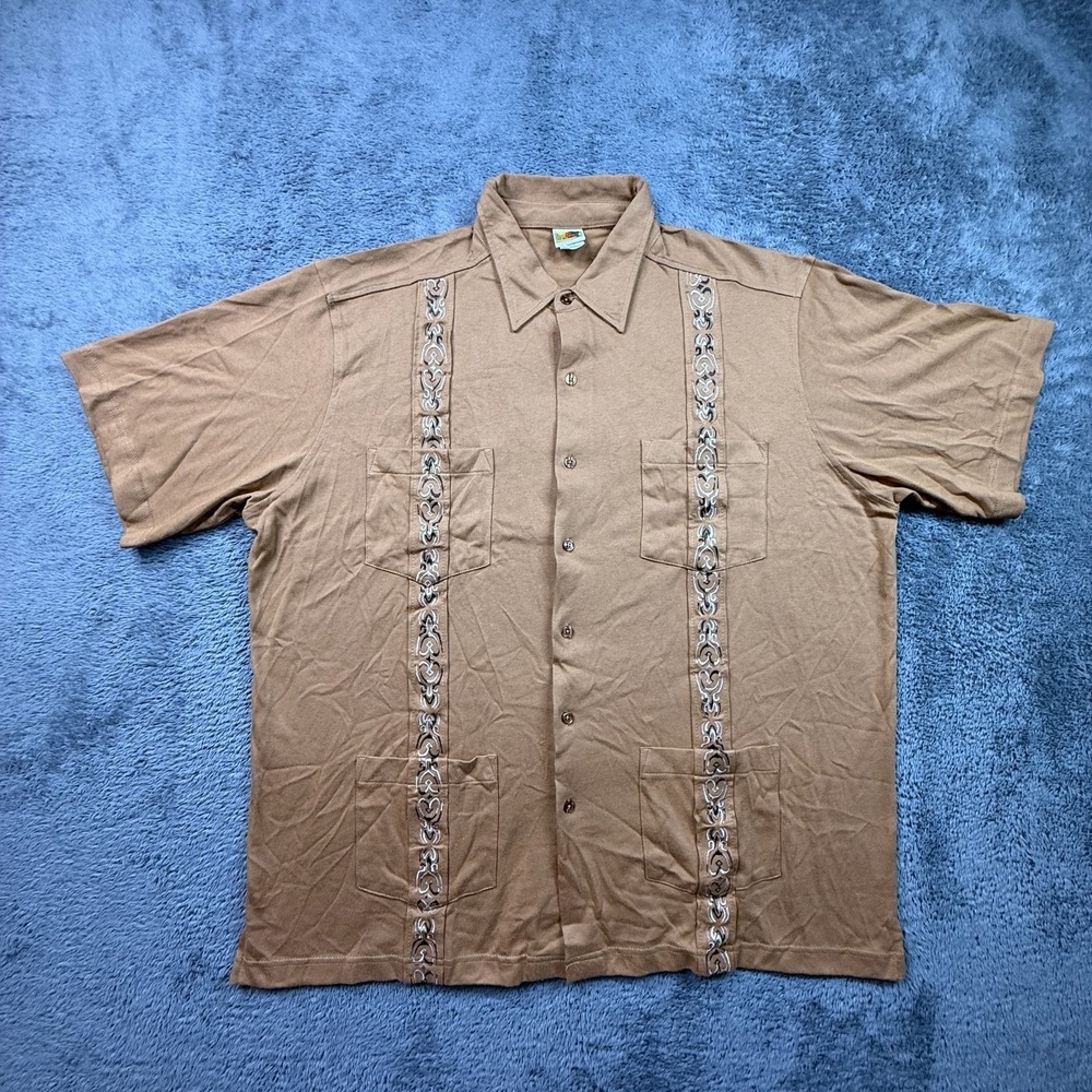 Haband Guayabera Mens XL Brown Embroidered 4 Pocket Button Up Shirt Cuban